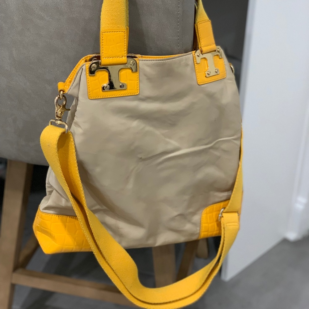 Tory Burch satchel crossbody purse tote tan and yellow
